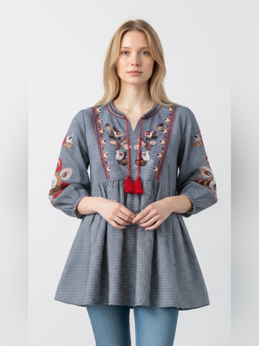 Jennifer & Grace Gingham print embroidered top